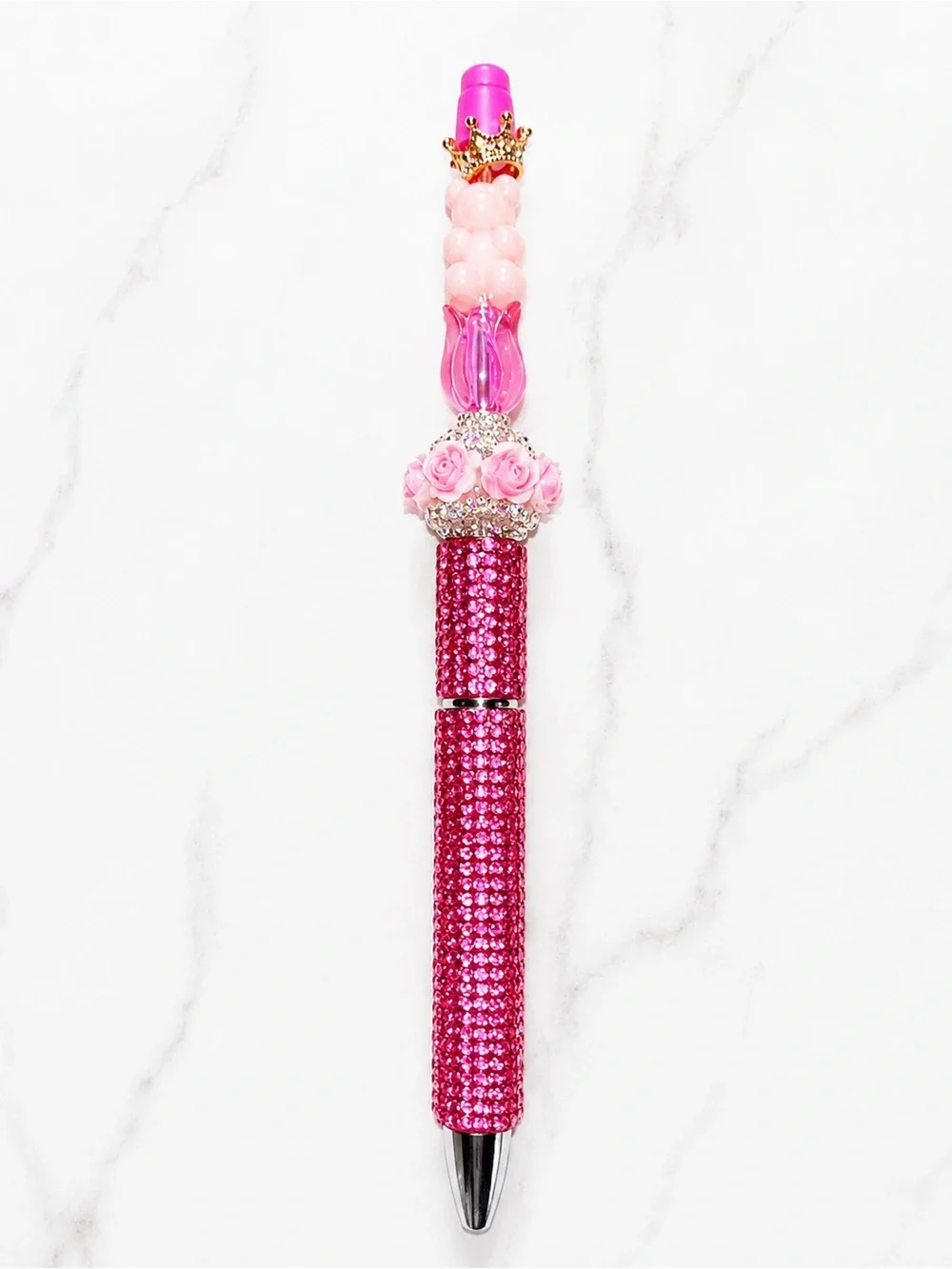 Handmade Pink Princess Bear Rose Beaded Rhinestone Pen